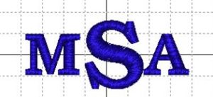 Three letter monogram for a bride and groom with last name in middle represented by letter S. First name, Michael or Michelle, depending on whether the groom or bride is placed first, is represented by a capital M to the left of the S, and the bride or groom's name, Amy or Adam is represented by the letter A to the right of the S. Both the M and the A are smaller than the S