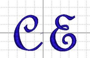 Monogram with capital C and Capital E in blue script font with C to the left of the E. Both letters are the same size.