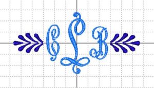 Monogram of letters CLB with L in middle and larger than the C and B. To each side of the monogram are small whiskers.