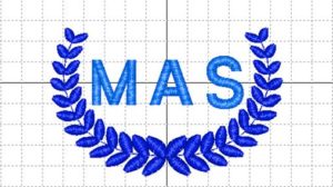 Monogram of block letters MAS with a wreath below and surrounding the initials. 