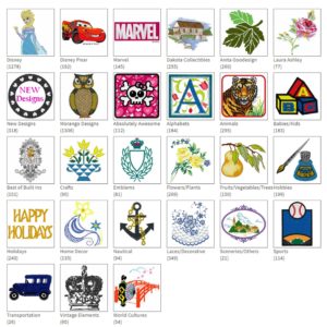Screen shot of different categories of designs available at iBroidery