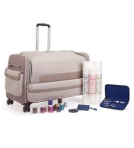 Photo of roller bag, stabilizer, scissors and thread that are to be given as pre-order gifts for PFAFF Creative ICON