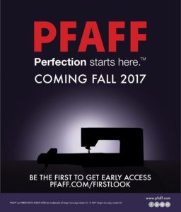 teaser poster showing silhouette of sewing machine and notice that a new PFAFF Creative Icon is coming in Fall, 2017. This will be previewed at Tech Party