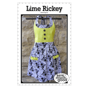 Photo of Lime Rickey apron sewn with yellow bodice and black and white print skirt and trim