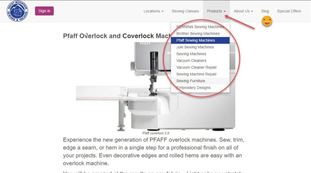 Screen shot of Rocky Mountain Sewing and Vacuum product page