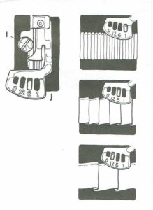 Drawing of fabric pleated with ruffler sewing machine feet for gathering fabrics. Ruffler set at each of the three settings.