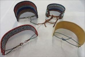 Photo of four Santa Fe Bracelets, a featured project at the September Sew Fun sessions, with four different types of closures.