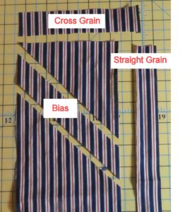 Photo of fabric cut straight grain, cross grain and on the bias.