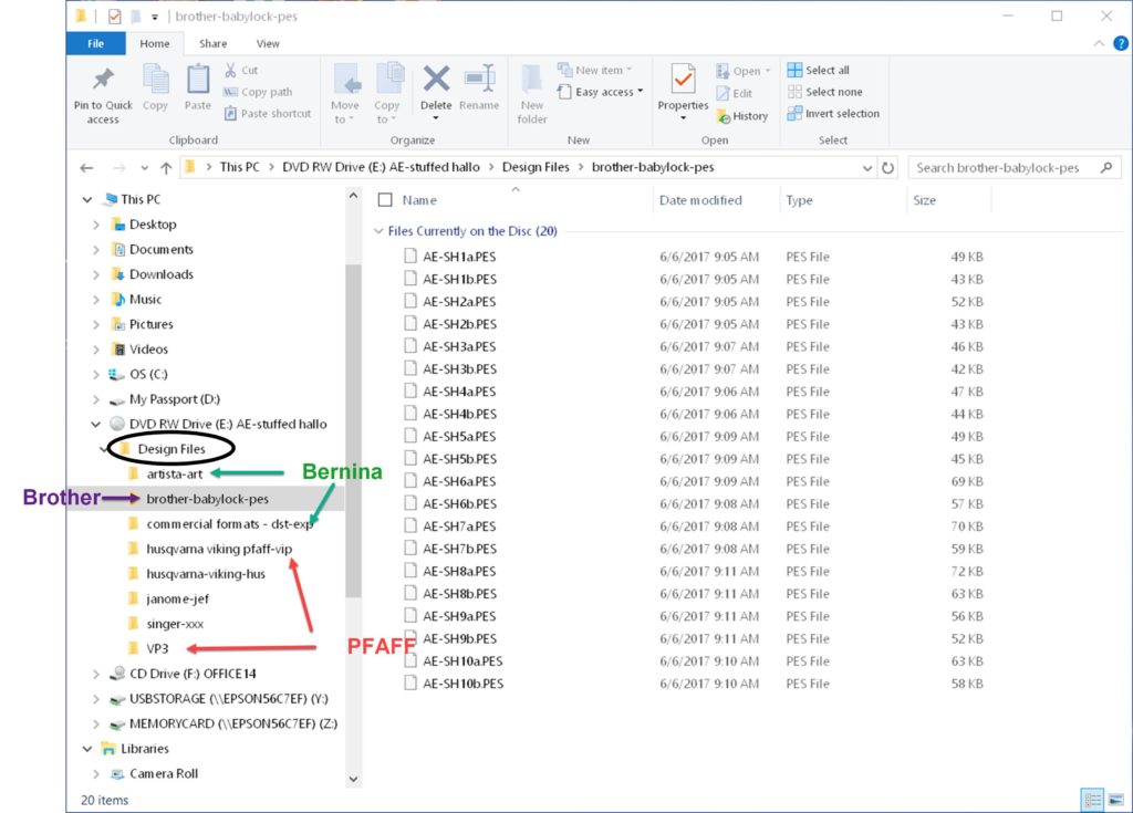 Manage Embroidery Collections: Screen shot of Windows Explorer, showing different folders for different machine types