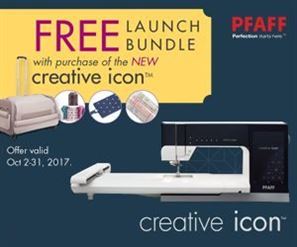 photo of PFAFF Creative Icon with graphics of items offered in free bundle