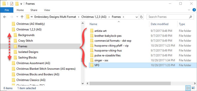 Manage Embroidery Collections: Screen shot of Windows Explorer, showing Anita Goodesign folders for different design types