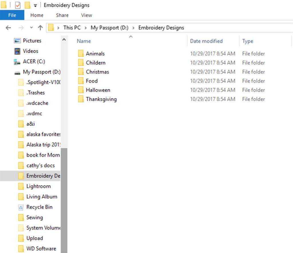 Manage Embroidery Collections: Screen shot of Windows Explorer, showing design categories
