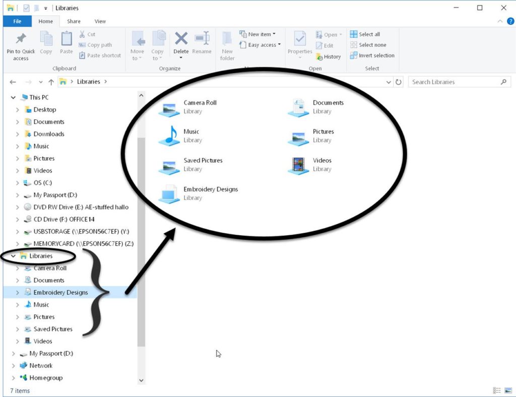 Manage Embroidery Collections: Screen shot of WIndows Explorer showing libraries that have been created