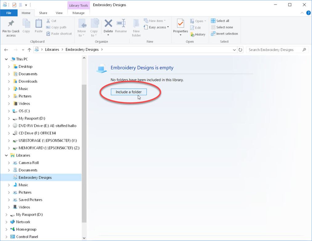 Manage Embroidery Collections: Screen shot of Windows Explorer, notifying that library needs a folder for design library