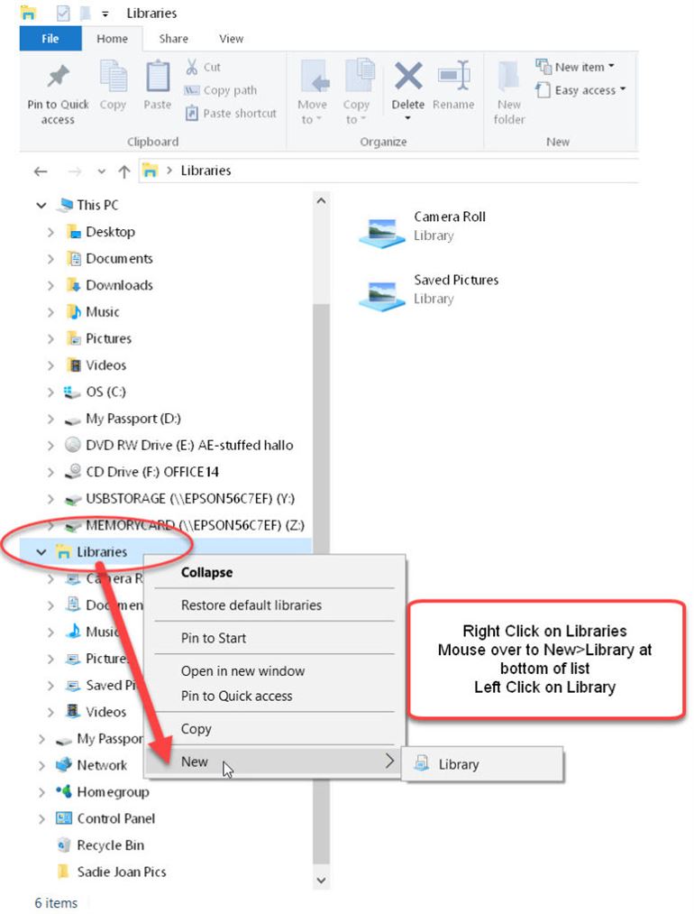 Manage Embroidery Collections: Screen shot of Windows Explorer, creating a new library