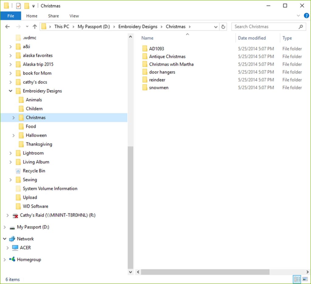 Manage Embroidery Collections: Screen shot of Windows Explorer, showing sub-folders of Christmas category