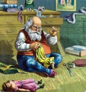 Drawing of Santa on floor of sewing room sewing a dress for Sew Fun Christmas