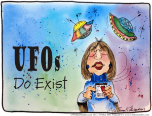 Cartoon for quilter with UFOs over head and "UFOs do Exist" words