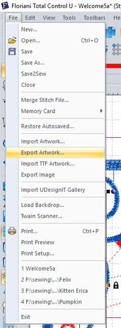 Screen shot of FTCu menu item to export artwork