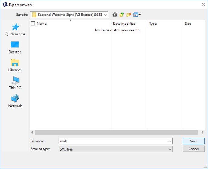 Screen shot of FTCu screen to input file name for artwork export