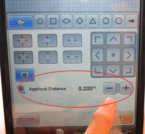 Screen shot of setting applique distance on PR1000 with cat design loaded to make embroidered iron-on patch