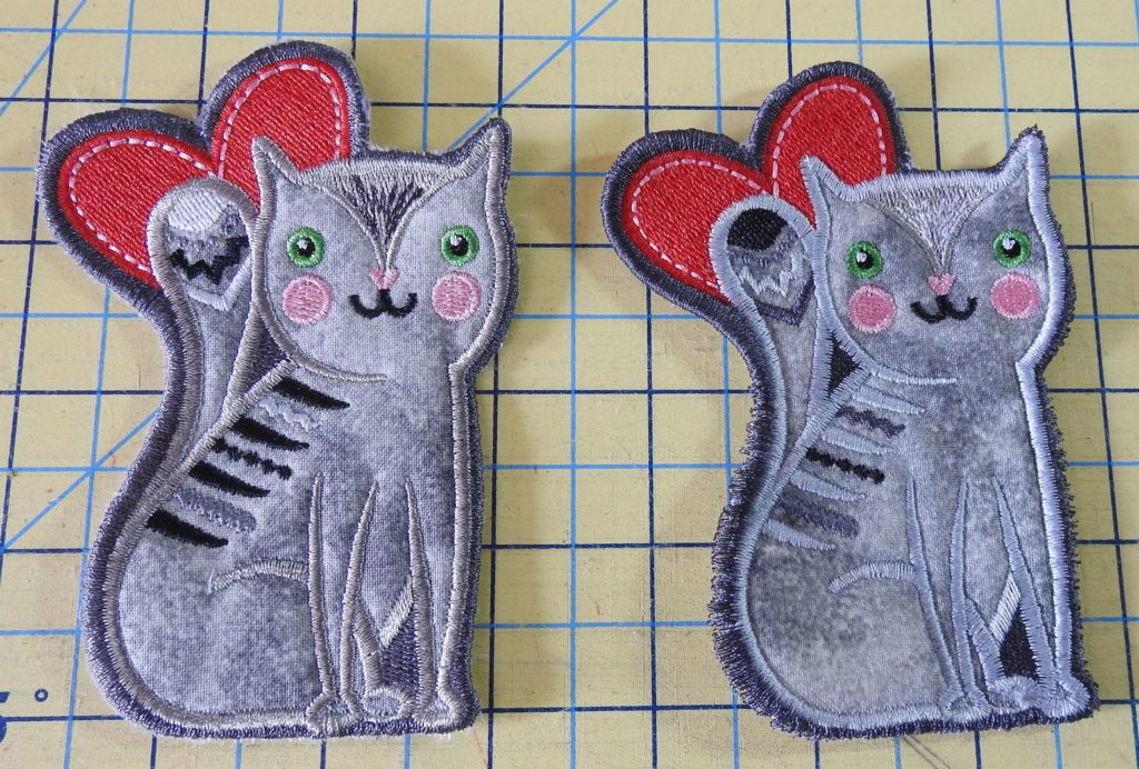Photo of two iron-on patches, one made with tear away stabilizer and one made with wash away stabilizer
