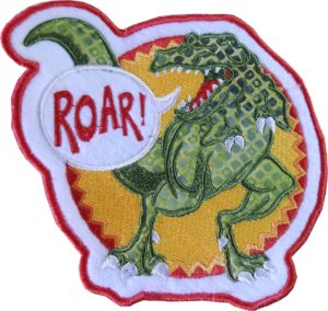 Photo of embroidered iron-on patch with satin stitch border offset from design