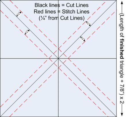 Diagram of sewing and cutting lines to make 8 half-square triangles
