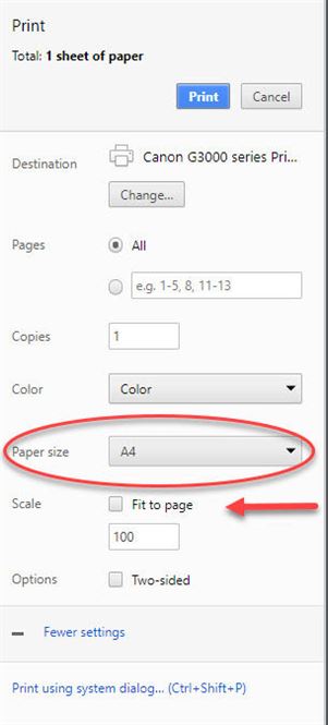 Screen shot of printer setting for page size (A4)
