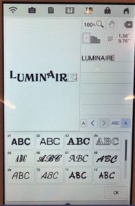 screen shot of Brother Luminaire Xp1 showing font manipulation