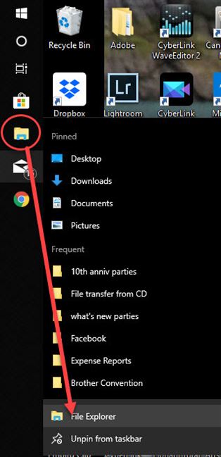 picture of desktop icons with file explorer circled and demonstrating right click to bring launch file explorer window