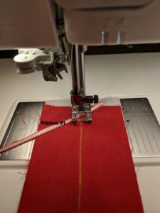 Photo of placement of first ribbon in triple ribbon stitches