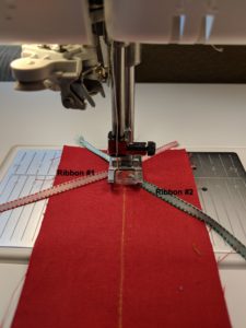 Photo of placement of second ribbon in triple ribbon stitches