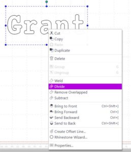 Screen shot of right click to select Divide in Canvas Workspace to create ScanNCut stamp