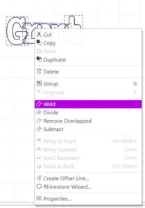 Screen shot of right click to select Weld in Canvas Workspace to create ScanNCut stamp