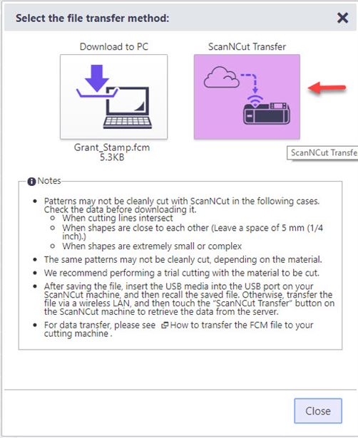 Screen shot of options to save ScanNCut stamp in Canvas workspace