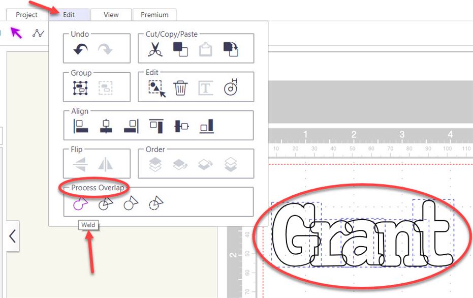 Screen shot of selecting text and then choosing weld for ScanNCut stamp