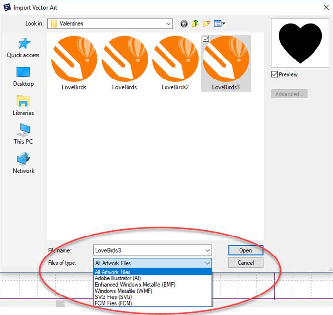 Screen shot from FTCu of drop down menu when importing artwork