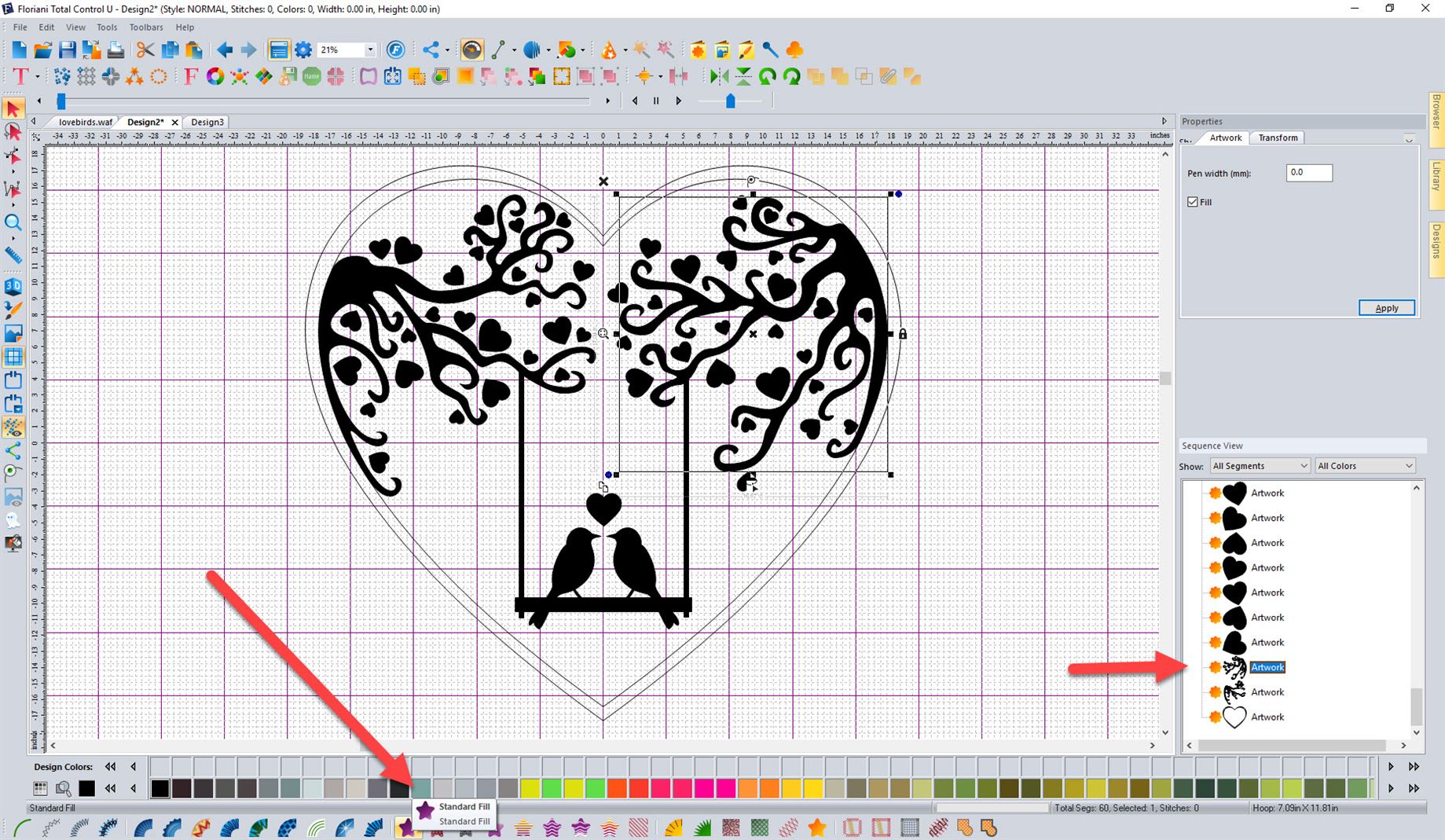 Screen shot from FTCu software of lovebirds embroidery file with branches selected to convert to fill stitch
