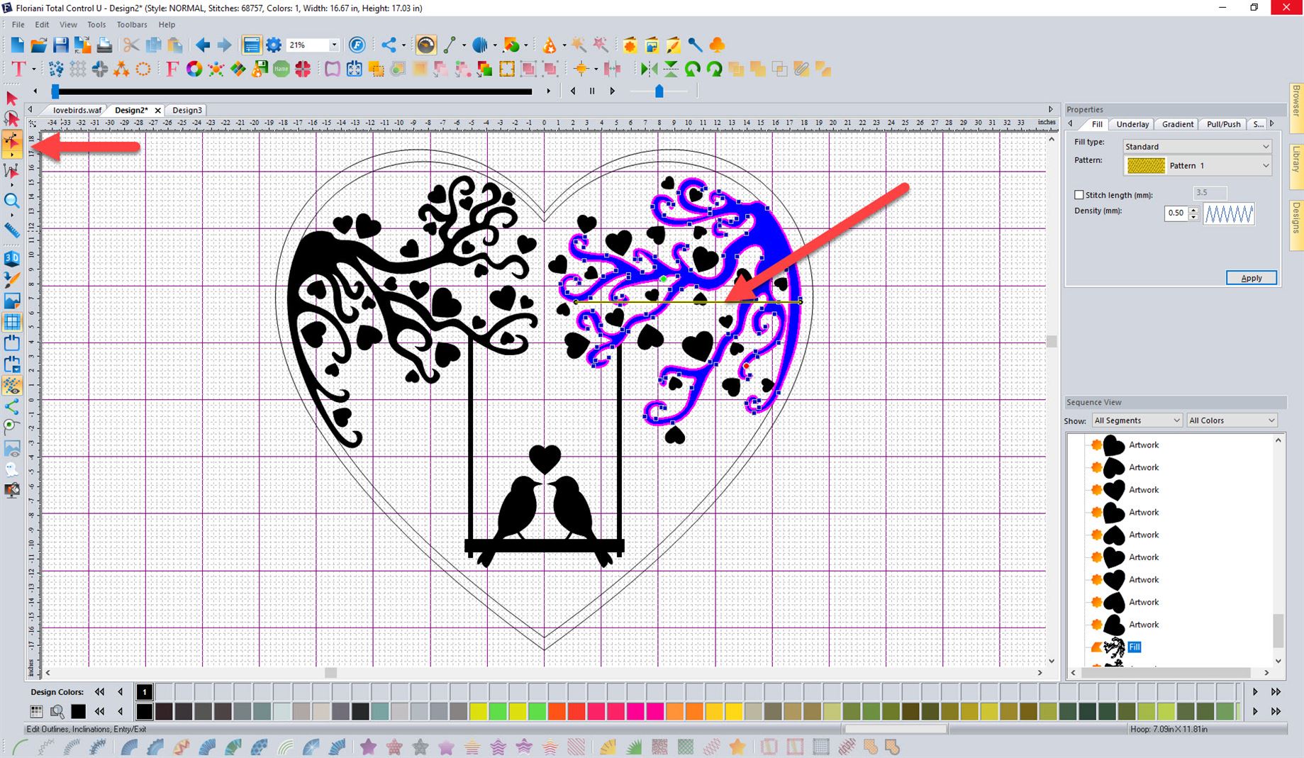 Screen shot from FTCu software of lovebirds embroidery file with branches selected to view as control points for modifying shape of design