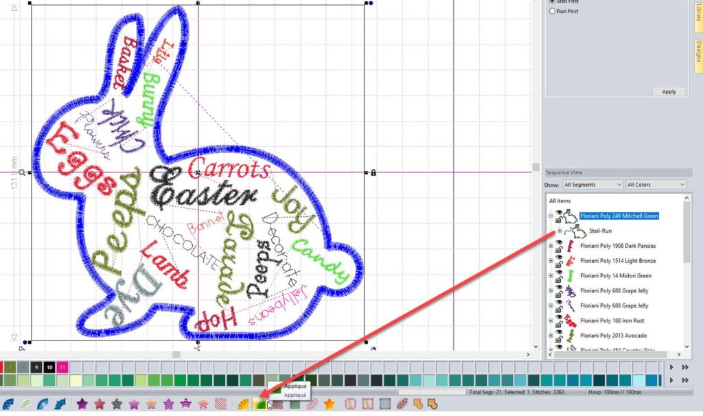 screen shot of bunny outline selected and choosing the applique icon in FTC-U