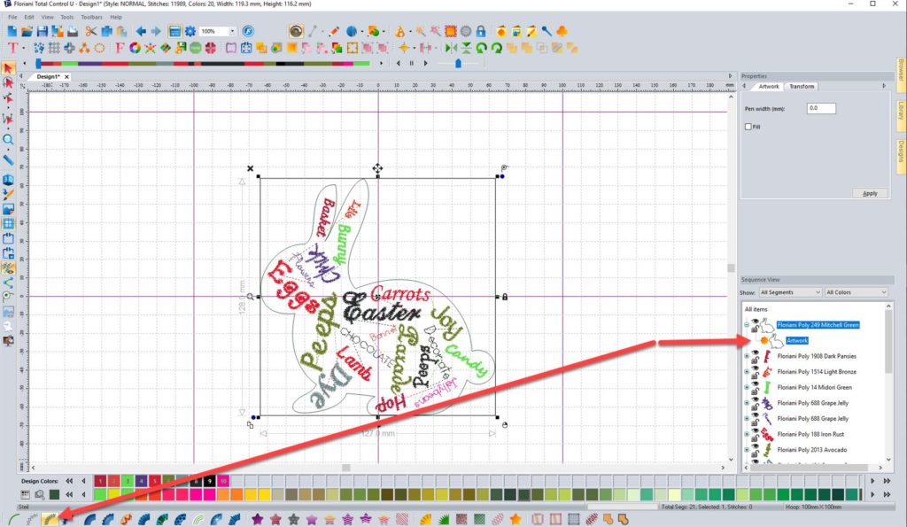 Screen shot of selecting steil stitch to create satin stitches around bunny word collage in FTC-U