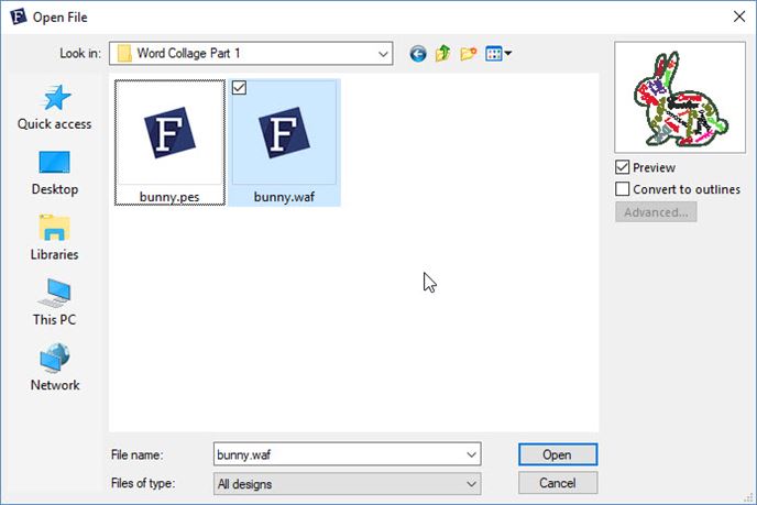 screen shot of windows explorer showing applique bunny file to be opened in FTC-U