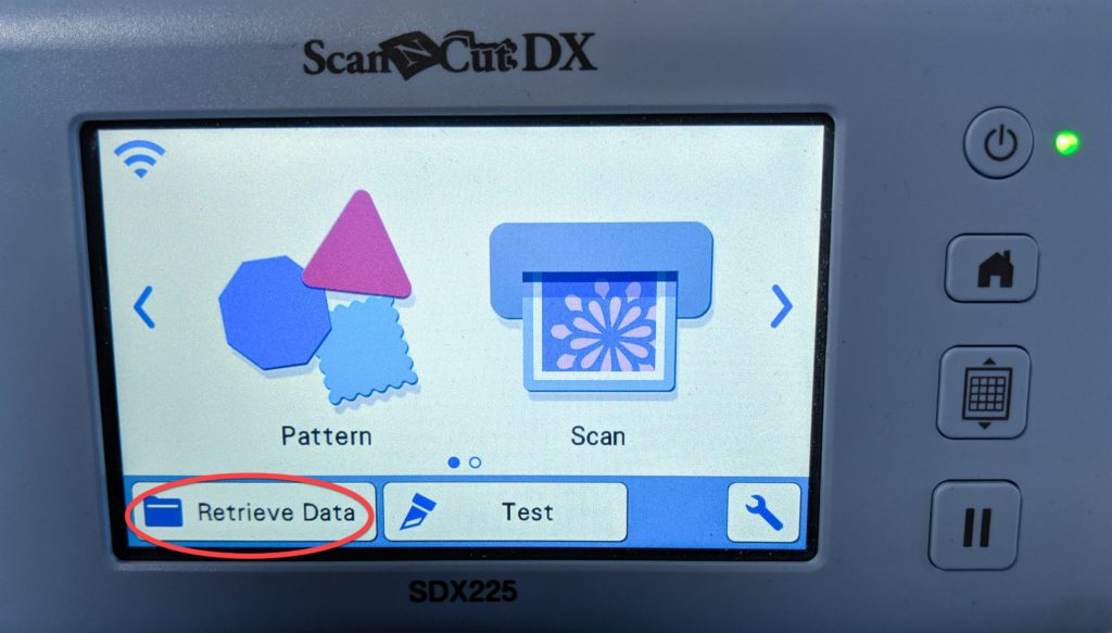 Photo of opening screen of ScanNCut DX to retrieve design