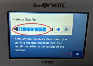 Screen shot of ScanNCut DX to input amount of glue in stick