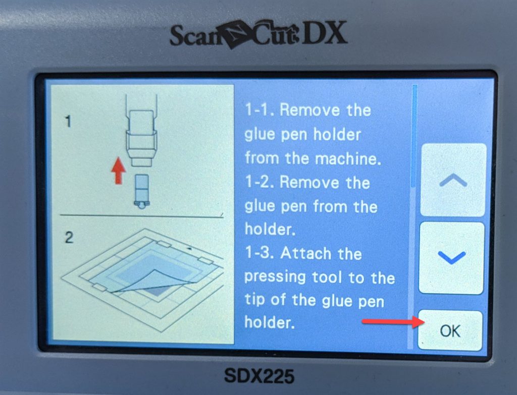 Screen shot of ScanNCut DX showing steps 1.1 - 1.3 to position pressing tool and start foiling