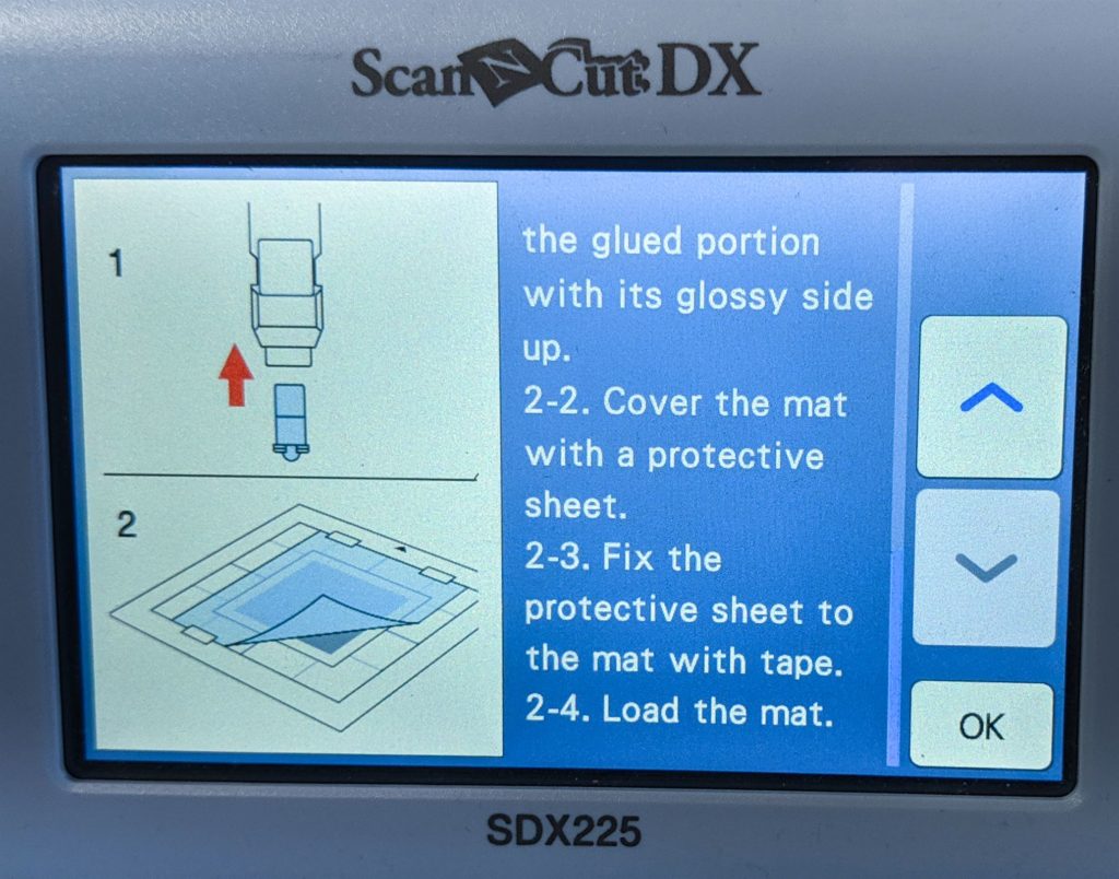 Screen shot of ScanNCut DX showing steps 2.2 -2.4 to position pressing tool and start foiling