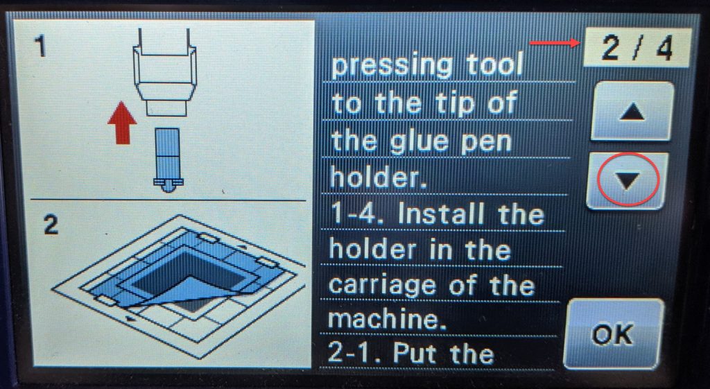 Screen shot of ScanNCut CM650W showing steps 1.4 - 2.1 to position pressing tool and start foiling