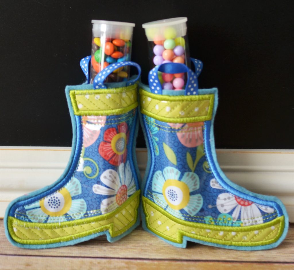 Photo of Sweet Rain Boots made in Kimberbell Club at Arvada store, a  July event