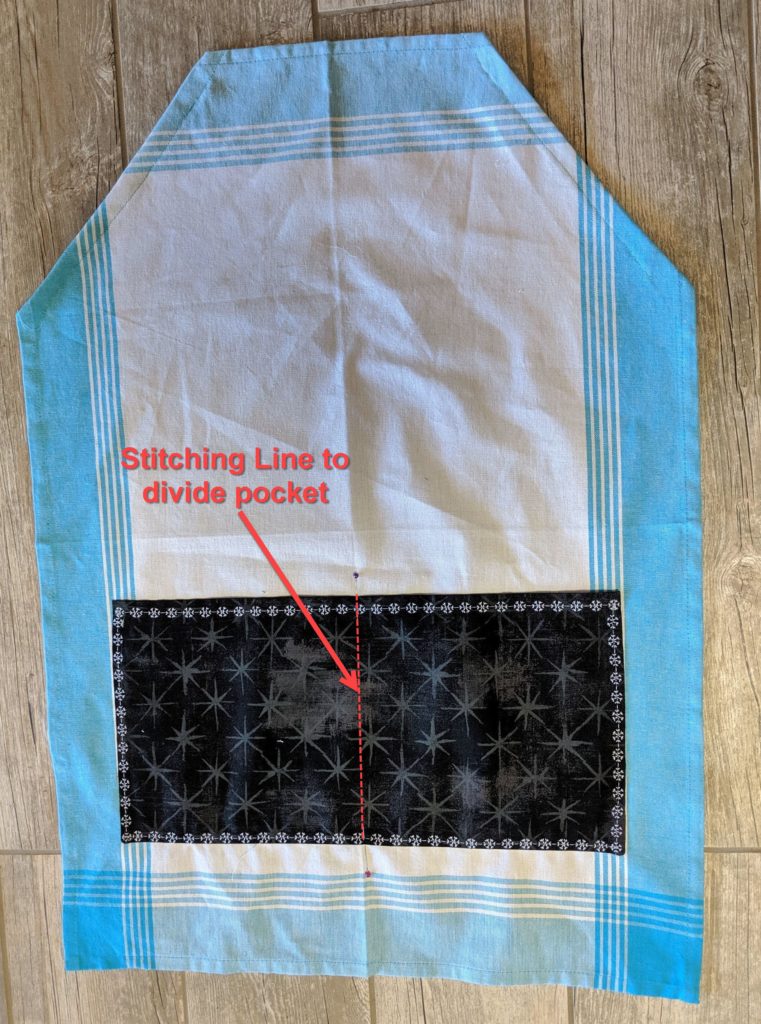 Photo of center seam placement on pocket of tea towel apron